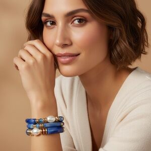 3PCS Set Vintage Design Resin Elastic Bracelet Blue Bamboo